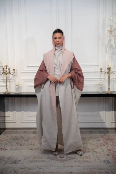 Free size linen abaya in beige and brown C:IB326