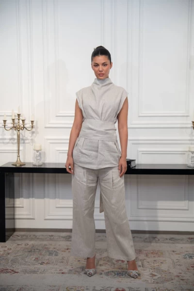 Beige Linen Blouse and Pants Set C:IB1094 Beige