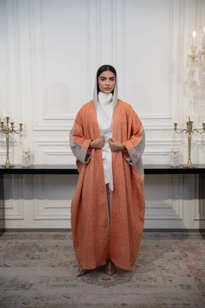 Orange and beige striped linen abaya C:IB325 Orange