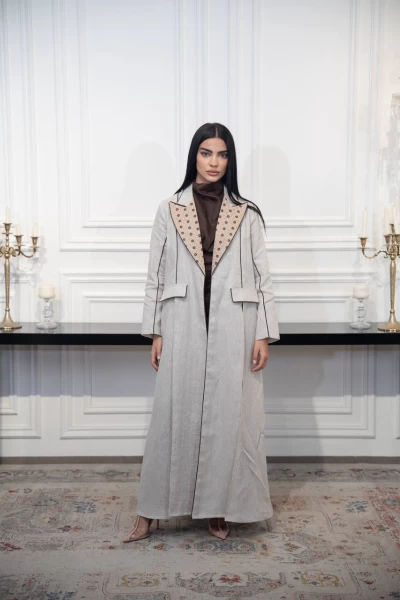 Beige linen blazer abaya with embroidery C:IB329 Beige