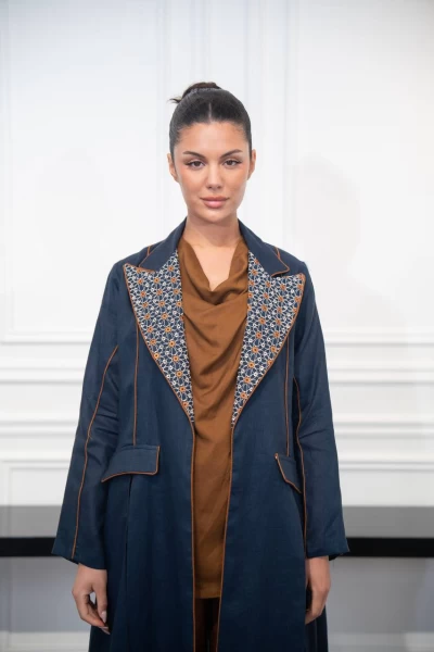 Navy linen blazer abaya with embroidery C:IB329 Navy