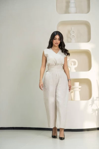 Beige natural linen jumpsuit C:IB1087