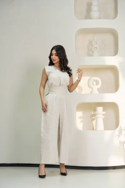 Beige natural linen jumpsuit C:IB1087