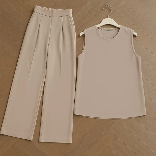 Beige crepe blouse and pants set C:IB1093