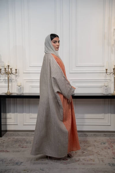 Orange and beige striped linen abaya C:IB325 Orange