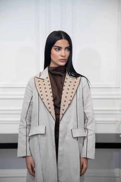 Beige linen blazer abaya with embroidery C:IB329 Beige