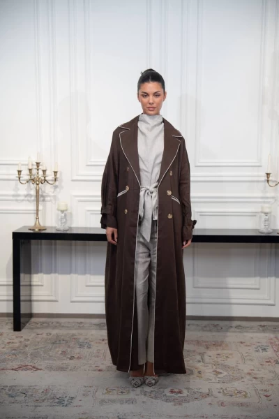 Brown Linen Blazer Abaya C:IB327 Brown