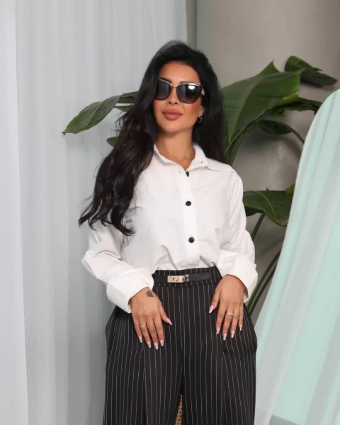 White cotton shirt with black striped pants set IB1046